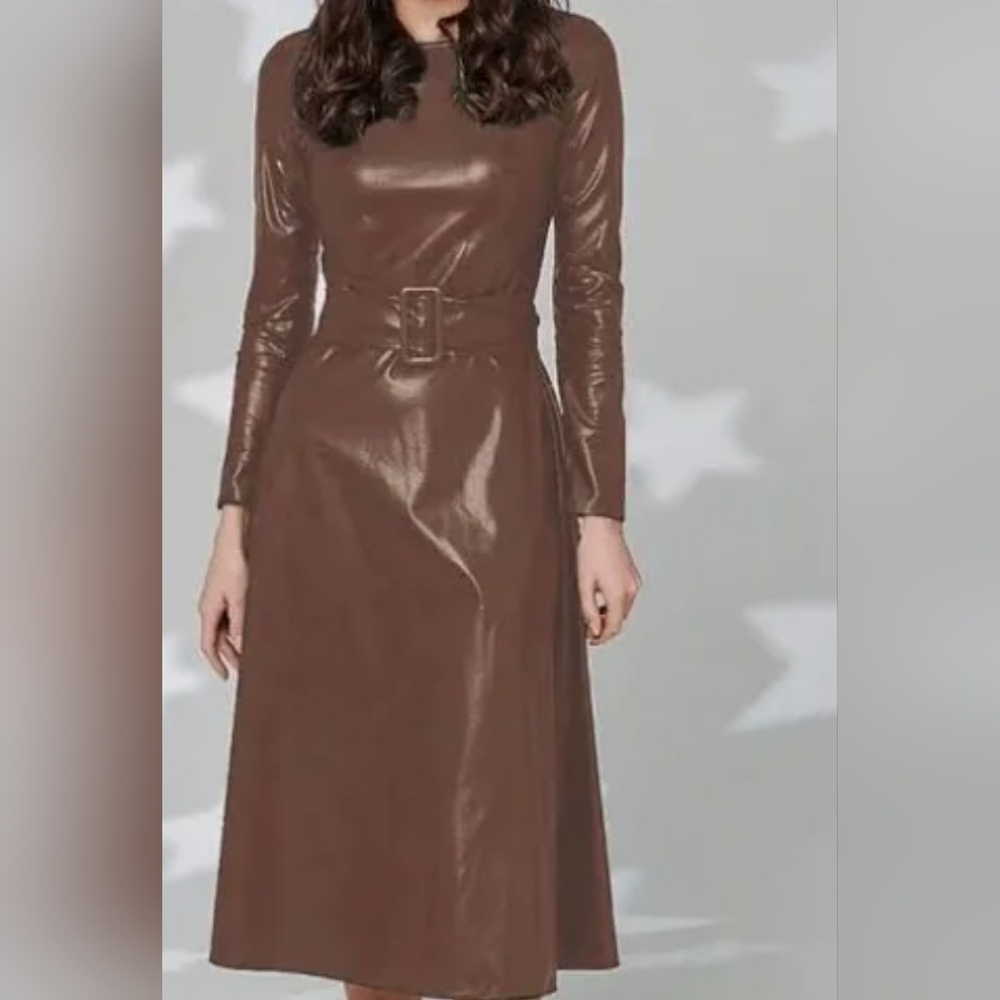 Carmel BrownFaux Leather Belted Dress NWOT - Picture 1 of 5
